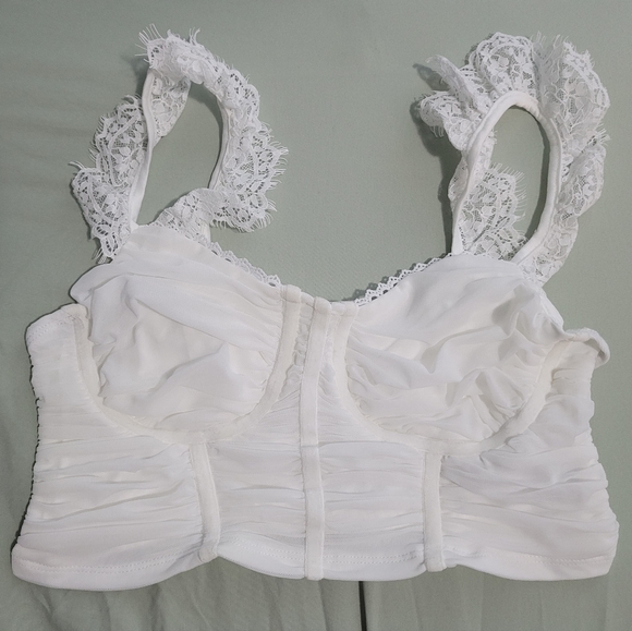 SHEIN MOD Plus Contrast Lace Ruched Bustier Top - White, Size 0XL - Picture 8 of 10